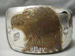 Completely Hand Carved Vintage Navajo Gold Sterling Silver Eagle Bracelet