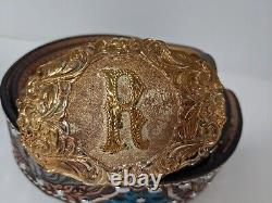 Crumrine Belt Buckle hand carved eagle belt vintage El Arturo Bronze letter R
