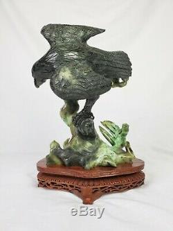 Detailed Jade Eagle & Rabbit Custom Fitted Wooden Stand Hand Carved Sculpture