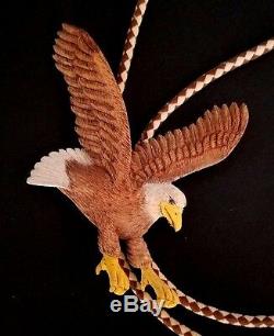 EAGLE BOLO TIE Wood Hand Carved signed J W Wannamaker 1991 Statement Vintage