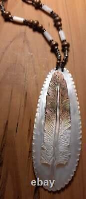 Eagle Feather Motif Hand Carved Mother of Pearl Shell Gorget Pendant