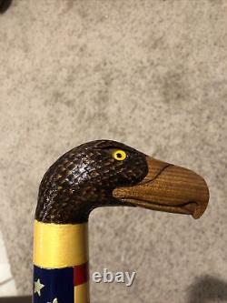 Eagle Head With 13 Colony American Flag Hand Carved & Painted Cane Walking Stick
