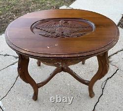 Early 1900s Hand Carved Eagle Oval Butlers Coffee Table Brown Wooden Mid Century