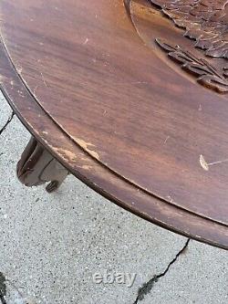 Early 1900s Hand Carved Eagle Oval Butlers Coffee Table Brown Wooden Mid Century