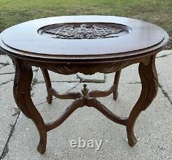 Early 1900s Hand Carved Eagle Oval Butlers Coffee Table Brown Wooden Mid Century