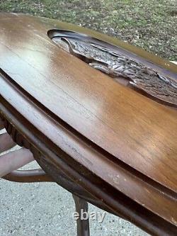 Early 1900s Hand Carved Eagle Oval Butlers Coffee Table Brown Wooden Mid Century