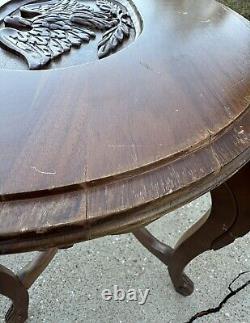 Early 1900s Hand Carved Eagle Oval Butlers Coffee Table Brown Wooden Mid Century