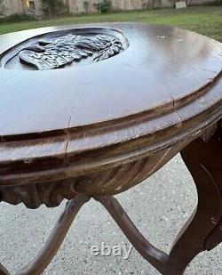 Early 1900s Hand Carved Eagle Oval Butlers Coffee Table Brown Wooden Mid Century