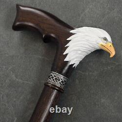 Fancy Hand-Painted Wooden Walking Stick for Men Bald Eagle Carved Cane