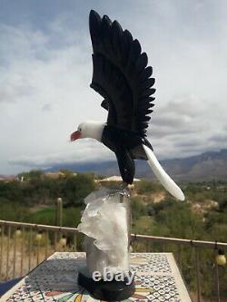 Fighting EAGLE Stone Bird Figurine Hand Carved in Brazil Clear Quartz Base