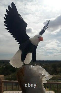 Fighting EAGLE Stone Bird Figurine Hand Carved in Brazil Clear Quartz Base