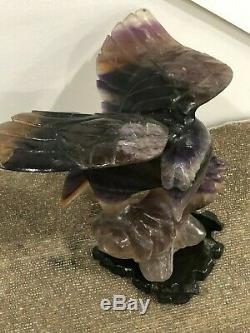 Fine Vintage Carved Chinese Solid Amethyst Eagle with Stand 7 Tall