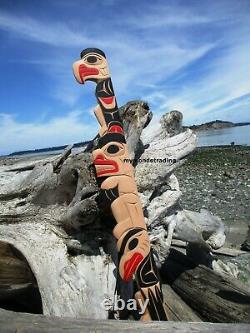 First Nations Northwest Coast hand carved wood art, Eagle Bear Raven, 49 signed