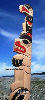 First Nations Northwest Coast hand carved wood art, Eagle Bear Raven, 49 signed