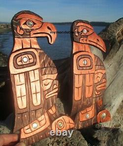 First Nations Pacific Northwest native Art hand carved RAVEN and EAGLE, signed