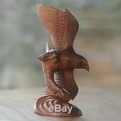 Flying Eagle in Brown Hand Carved Wood Sculpture Original Art NOVICA Bali