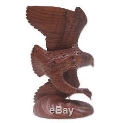 Flying Eagle in Brown Hand Carved Wood Sculpture Original Art NOVICA Bali