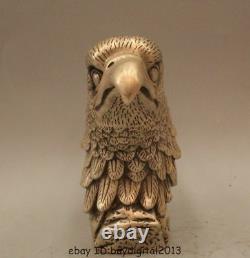 Folk Chinese Silver FengShui Wealth Bird Eagle Hawk Head Set Statue Animals
