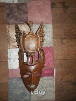 GORGEOUS Antique Hand Carved Wooden Art Wall Hanging Eagle 3 Faces TRIBAL 18