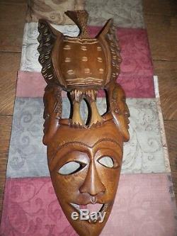 GORGEOUS Antique Hand Carved Wooden Art Wall Hanging Eagle 3 Faces TRIBAL 18