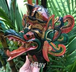 Garuda Eagle Hindu Wood Hand Carved Paint Barong Decor Tiki Bali Art Mask Green