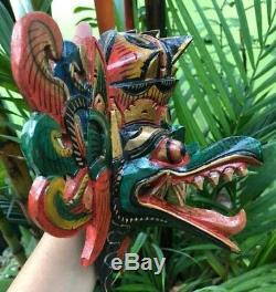 Garuda Eagle Hindu Wood Hand Carved Paint Barong Decor Tiki Bali Art Mask Green