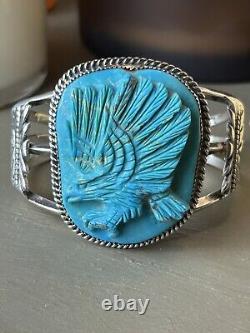 Gorgeous Large Hand Carved Eagle Cuff Bracelet Sterling Signed RA