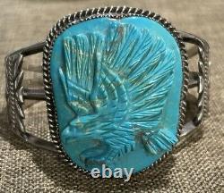 Gorgeous Large Hand Carved Eagle Cuff Bracelet Sterling Signed RA