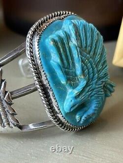 Gorgeous Large Hand Carved Eagle Cuff Bracelet Sterling Signed RA