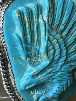 Gorgeous Large Hand Carved Eagle Cuff Bracelet Sterling Signed RA