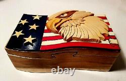 HAND CARVED CONTAINER BOX Hand Carved Eagle and Flag
