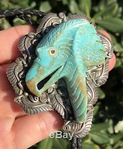 HUGE Old Navajo Hand Carved Turquoise Eagle Head & Tips Sterling Silver Bolo Tie