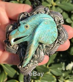HUGE Old Navajo Hand Carved Turquoise Eagle Head & Tips Sterling Silver Bolo Tie