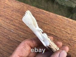 Hand Carved Bald Eagle Landing In A Tree, Figurine done in Deer Antler