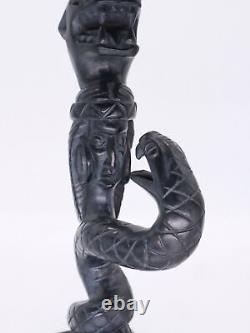 Hand Carved Black Stone Totem Of Eagle Jaguar Fanged Snake & Man's Head Peruvian