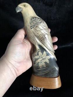 Hand Carved Buffalo Horn Eagle Sculpture on Wood Base Heavy