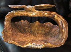 Hand Carved Burl Wood Eagle Handled Basket