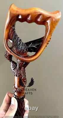 Hand Carved Eagle & Fish Handle Wooden Walking Stick Handmade Walking Cane Gift