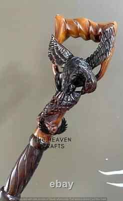 Hand Carved Eagle & Fish Handle Wooden Walking Stick Handmade Walking Cane Gift