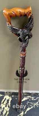 Hand Carved Eagle & Fish Handle Wooden Walking Stick Handmade Walking Cane Gift