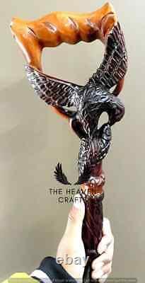 Hand Carved Eagle & Fish Handle Wooden Walking Stick Handmade Walking Cane Gift