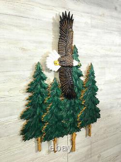 Hand Carved FLYING BALD EAGLE & PINE TREES Wood Wall Realistic Carving