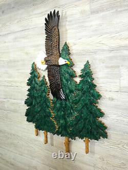 Hand Carved FLYING BALD EAGLE & PINE TREES Wood Wall Realistic Carving
