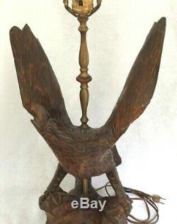 Hand Carved Folk Art Wooden American Eagle Statue Table Lamp 32 tall