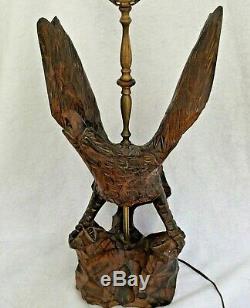 Hand Carved Folk Art Wooden American Eagle Statue Table Lamp 32 tall