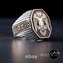 Hand Carved, Hand Carved, Double-Headed Eagle Design, Solid 925 Silver Men's Retro