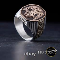 Hand Carved, Hand Carved, Double-Headed Eagle Design, Solid 925 Silver Men's Retro