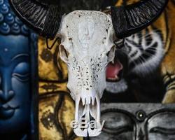 Hand Carved Indian and Eagle BUFFALO Skull + Longhorns / Horns/