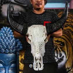 Hand Carved Indian and Eagle BUFFALO Skull + Longhorns / Horns/