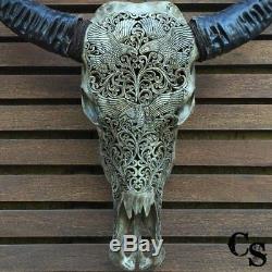 Hand Carved Longhorn Buffalo Skull Head, Eagles Design, Animal Skull Head